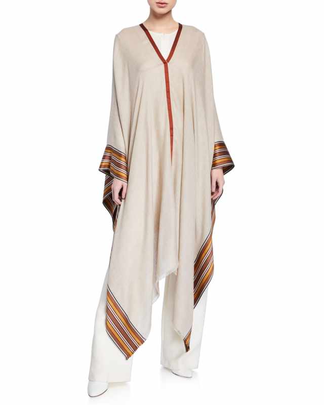 V-Neck Poncho w/ Multi-Stripe Hem